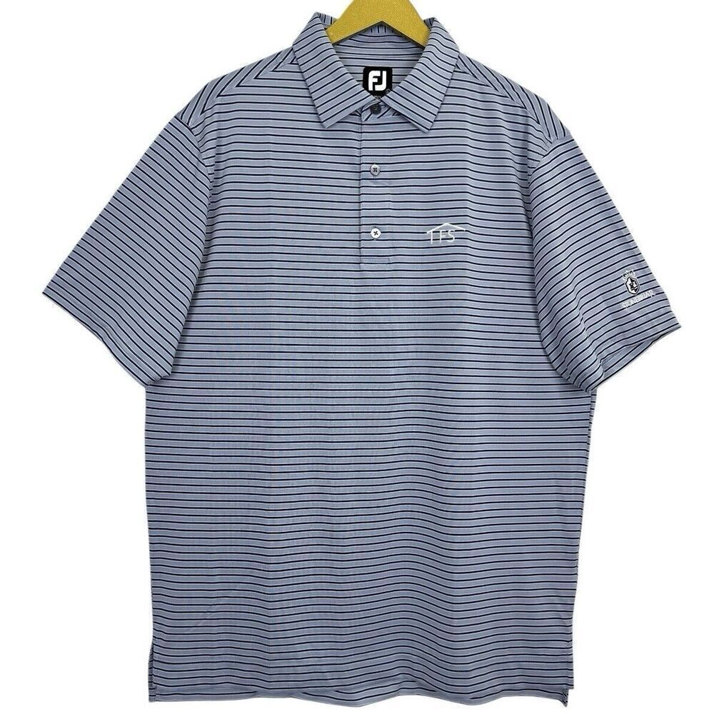 NWOT Footjoy Golf Polo Shirt Large Striped Blue Black Short Sleeve Company Logo